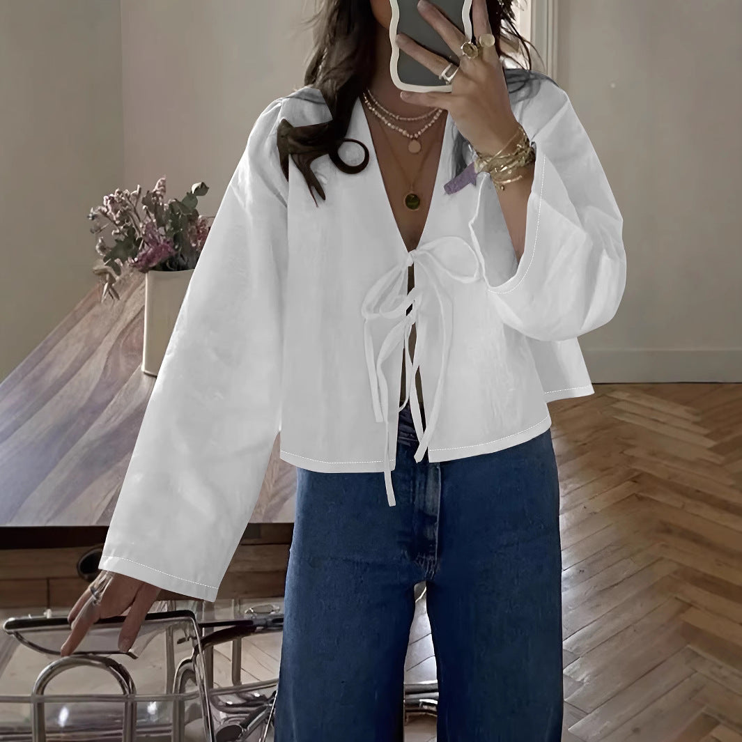 Damen cropped Bluse mit BindR&Band und lockerer Passform R&B