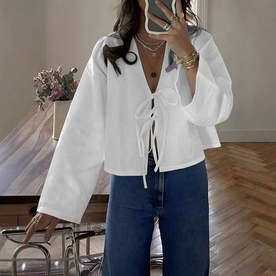 Damen cropped Bluse mit Bindeband und lockerer Passform R&B