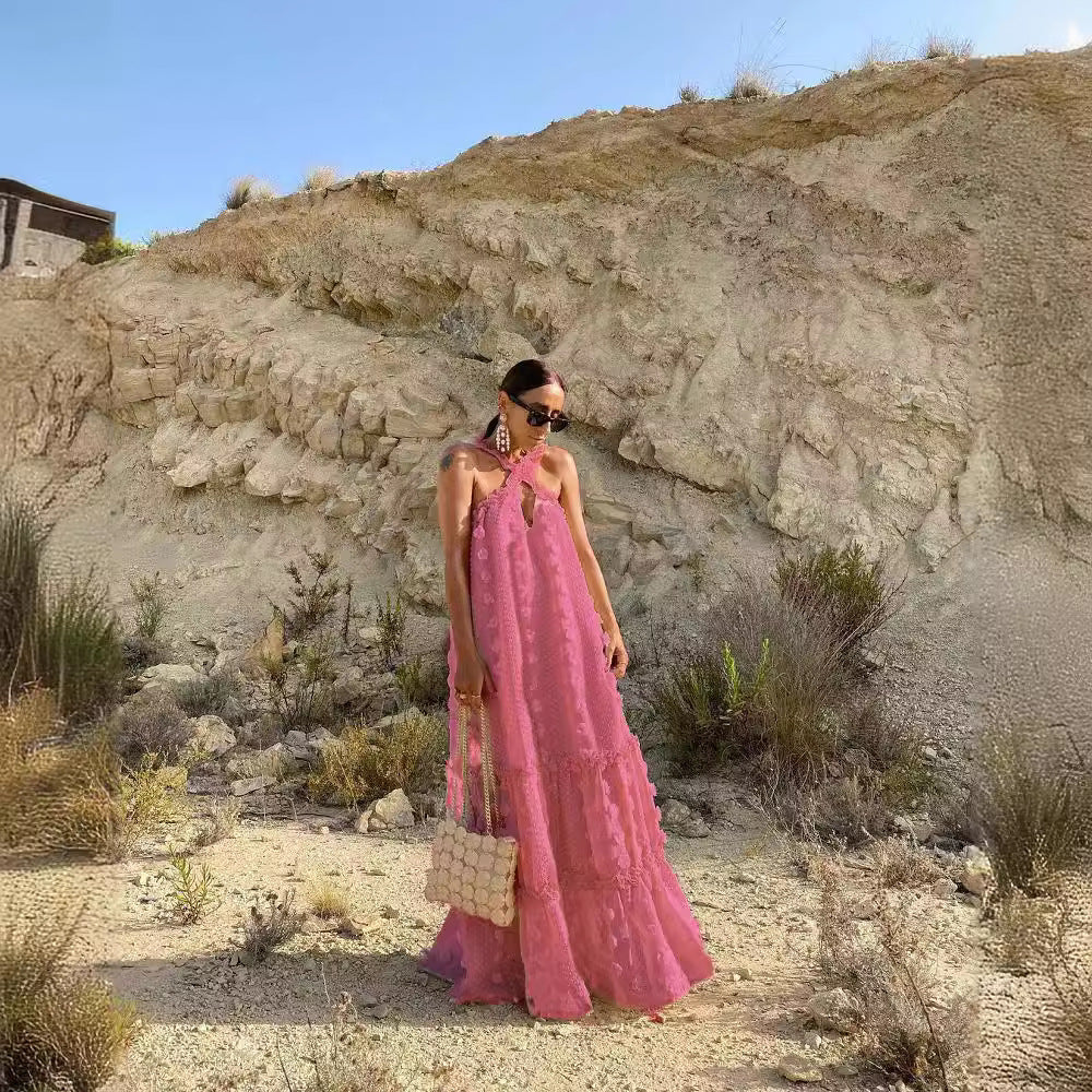 Damen Maxikleid mit raffinierter Stickerei und offenem Rückendesign R&B