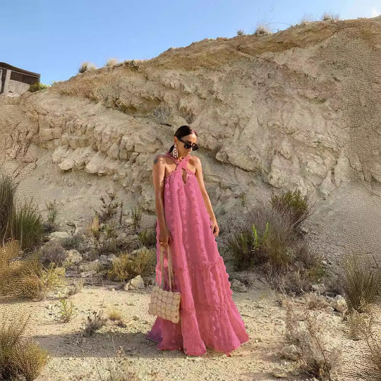 Damen Maxikleid mit raffinierter Stickerei und offenem Rückendesign R&B