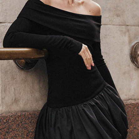 Damen Off-Shoulder Cocktailkleid mit voluminösem Rock und dekorativem Bund R&B