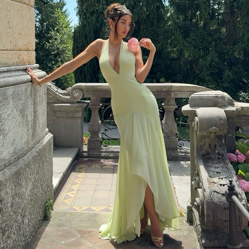 Damen Elegantes Maxikleid mit tiefem V-Ausschnitt und fließendem Rock R&B
