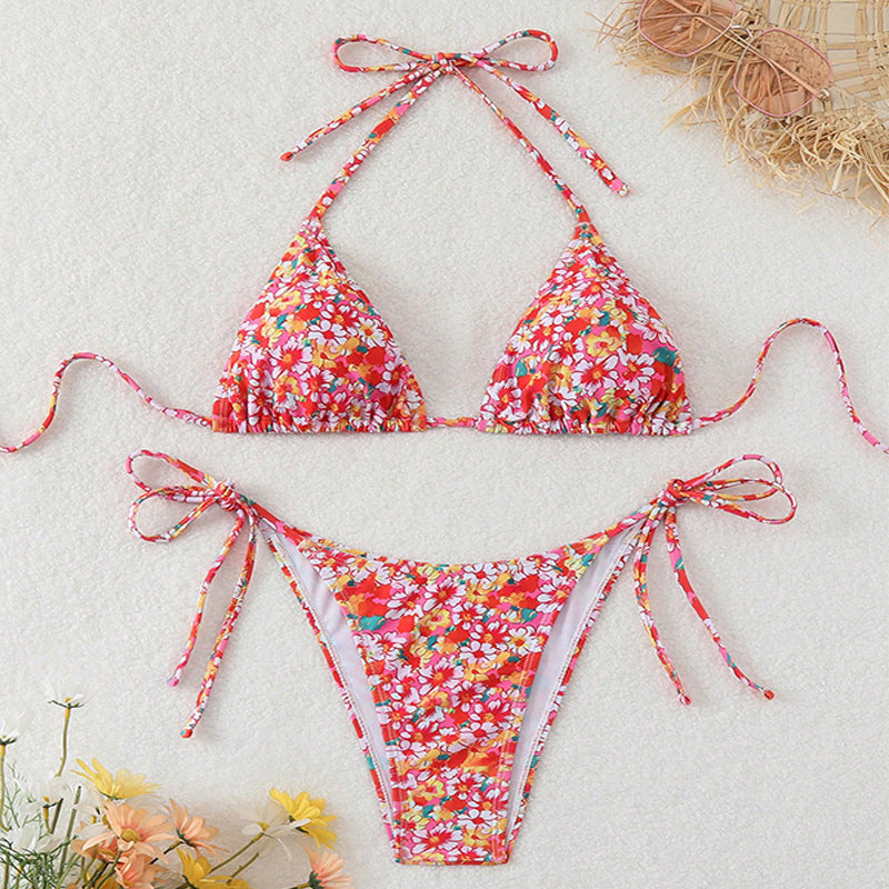 Damen Triangel-Bikini mit modischem Blütenmuster und verstellbaren Trägern R&B