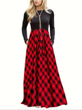 Damen Maxikleid mit modernem Karomuster und langen Ärmeln R&B