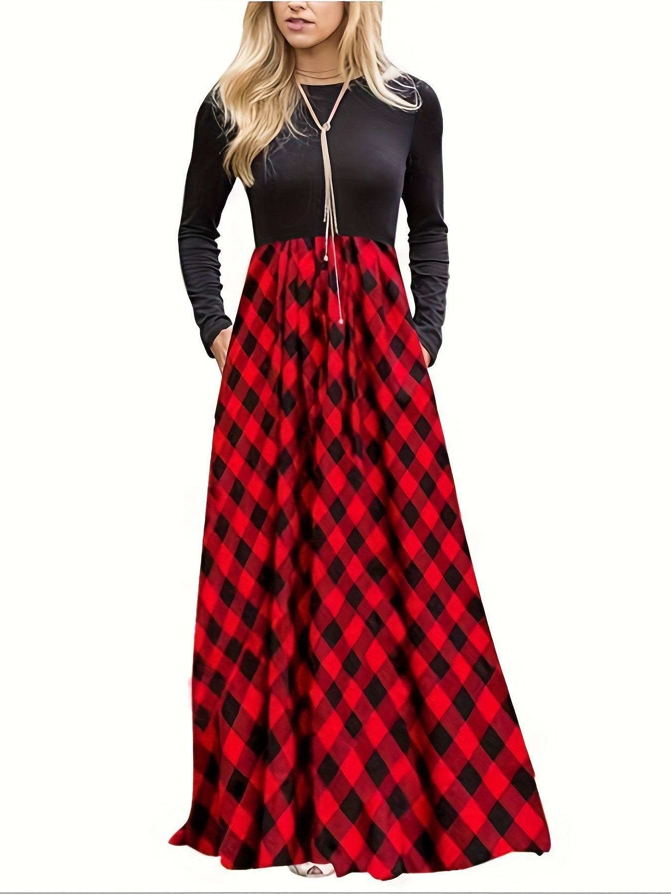 Damen Maxikleid mit modernem Karomuster und langen Ärmeln R&B