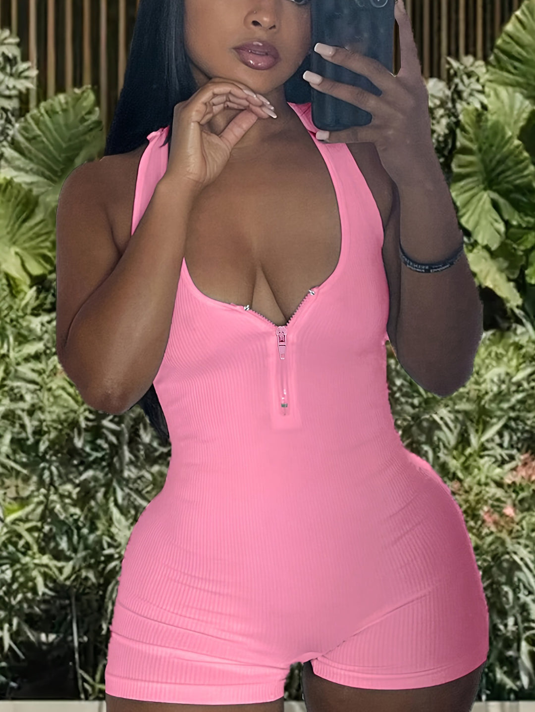 Damen Jumpsuit mit tiefem Ausschnitt und Reißverschluss R&B