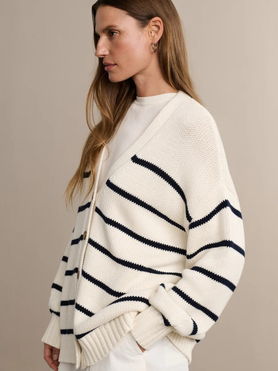 Damen Modischer Streifen-Cardigan mit Knopfleiste und lässigem Schnitt R&B