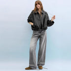 Damen Modische Kunstlederjacke mit weitem Schnitt und Taillengürtel R&B