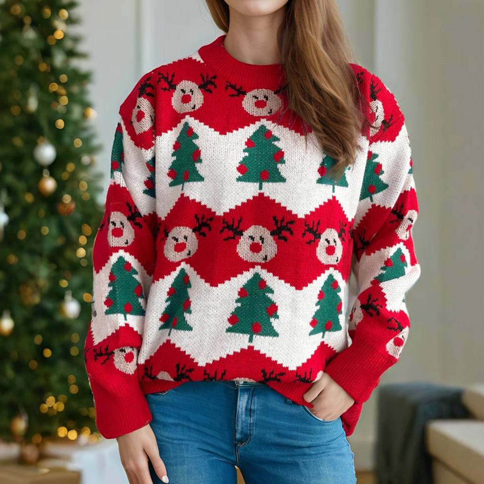 Damen Weihnachtspullover mit festlichem Rentier- und Weihnachtsbaum-Motiv R&B