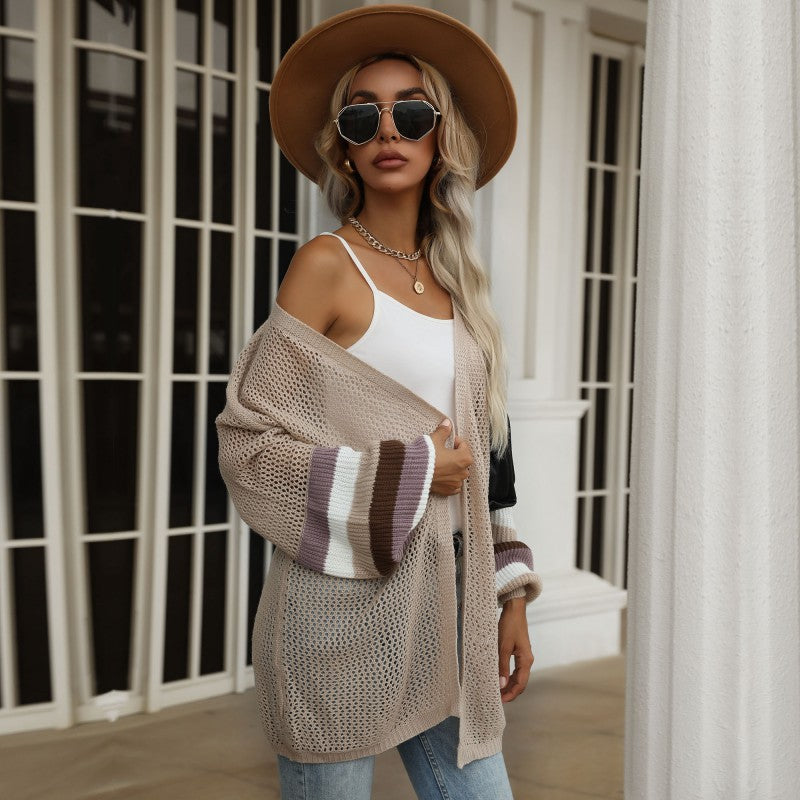 Damen lässiger Strickcardigan mit modischem Netzdesign und weitem Ärmel R&B