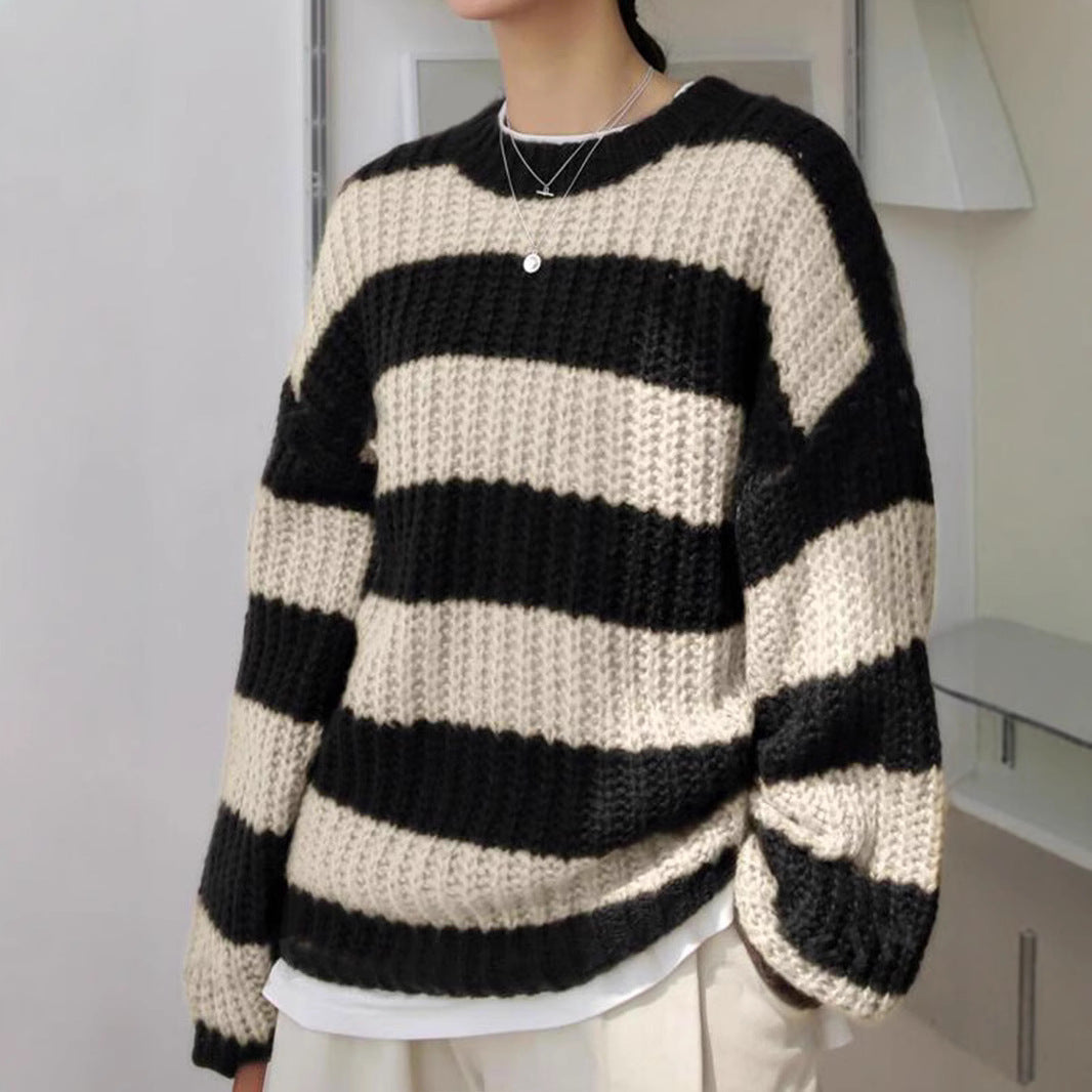Damen modischer Strickpullover mit breiten Streifen und lockerer Passform R&B