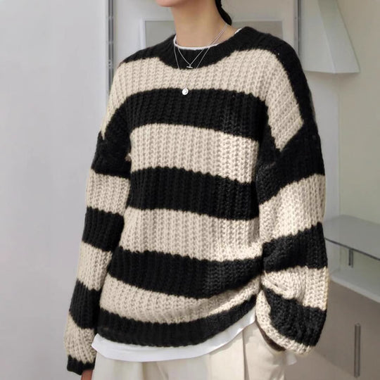 Damen modischer Strickpullover mit breiten Streifen und lockerer Passform R&B