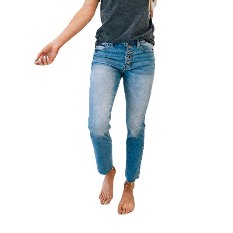 Damen Hochtaillierte Jeans im Used-Look mit Knopfleiste und ausgefransten Säumen R&B