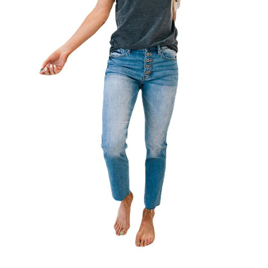 Damen Hochtaillierte Jeans im Used-Look mit Knopfleiste und ausgefransten Säumen R&B