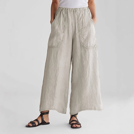 Damen Leichte, weit geschnittene Leinenhose mit elastischem Bund und praktischen Taschen R&B