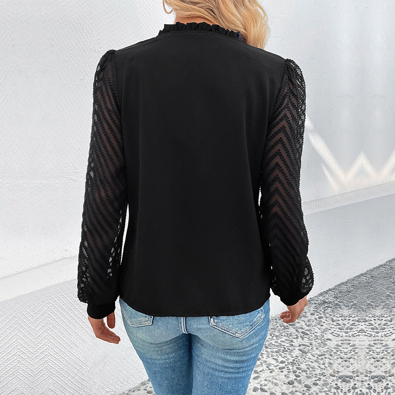 Damen elegante Bluse mit transparenten Rüschärmel und Knopfleiste R&B
