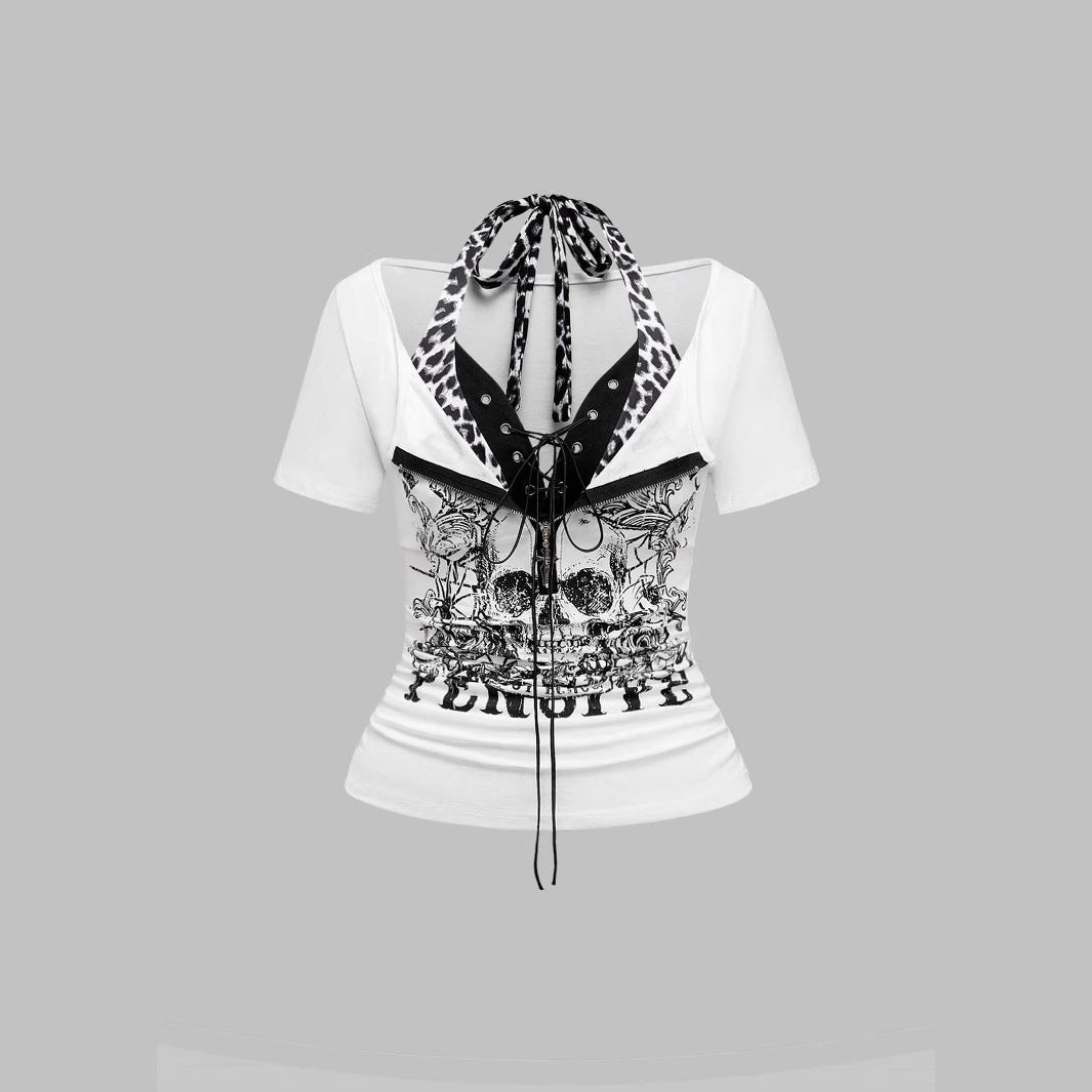 Damen Trendy Crop-Top mit einzigartigem Grafikdruck und Schnürdetails R&B