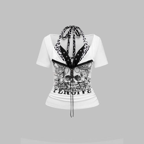 Damen Trendy Crop-Top mit einzigartigem Grafikdruck und Schnürdetails R&B