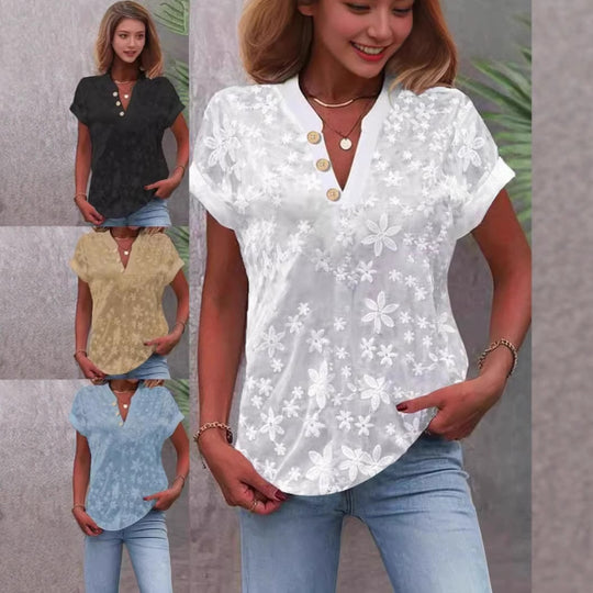 Damen Bluse mit floralem Stickmuster und klassischem V-Ausschnitt R&B