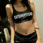 Damen Leder-Crop-Top mit auffälligem Schriftzug und Nietenverzierung R&B