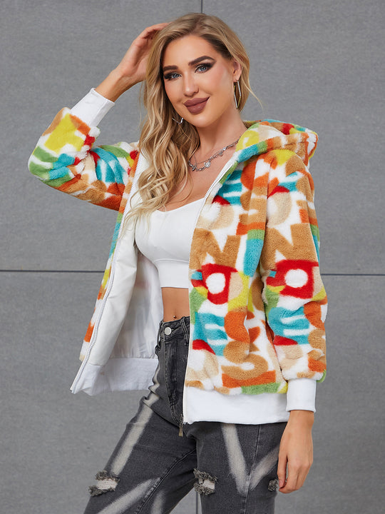 Damen Flauschige Kapuzenjacke mit buntem Muster und praktischen Taschen R&B