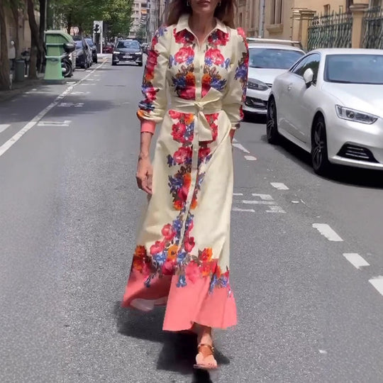 Damen nan langes Hemdblusenkleid mit floralem Print, Bindegürtel und Volantbesatz R&B