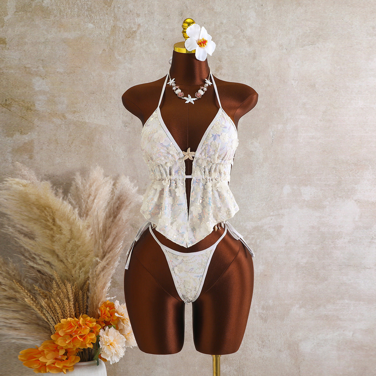 Damen Fließendes Strandtop mit floralem Design und transparentem Overlayer R&B