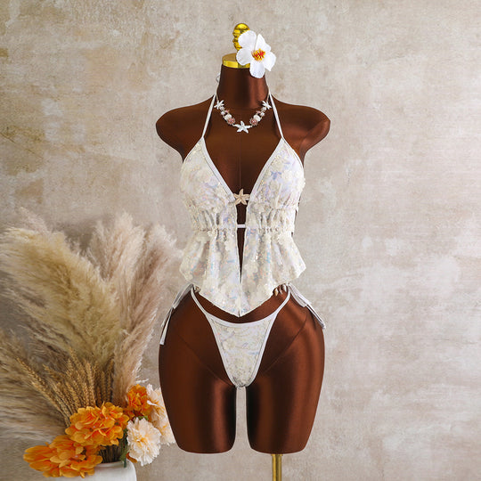 Damen Fließendes Strandtop mit floralem Design und transparentem Overlayer R&B