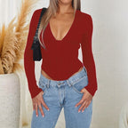 Damen figurbetontes Langarm-Body mit tiefem V-Ausschnitt und Rippstruktur R&B