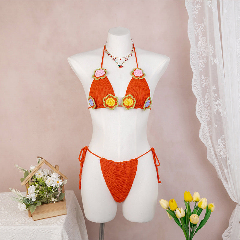 Damen Häkel-Bikini mit verspieltem Blumendesign und verstellbaren Bändern R&B