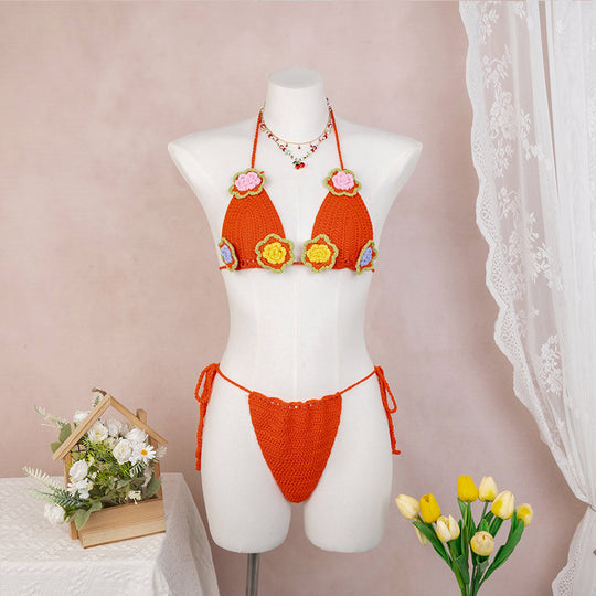 Damen Häkel-Bikini mit verspieltem Blumendesign und verstellbaren Bändern R&B