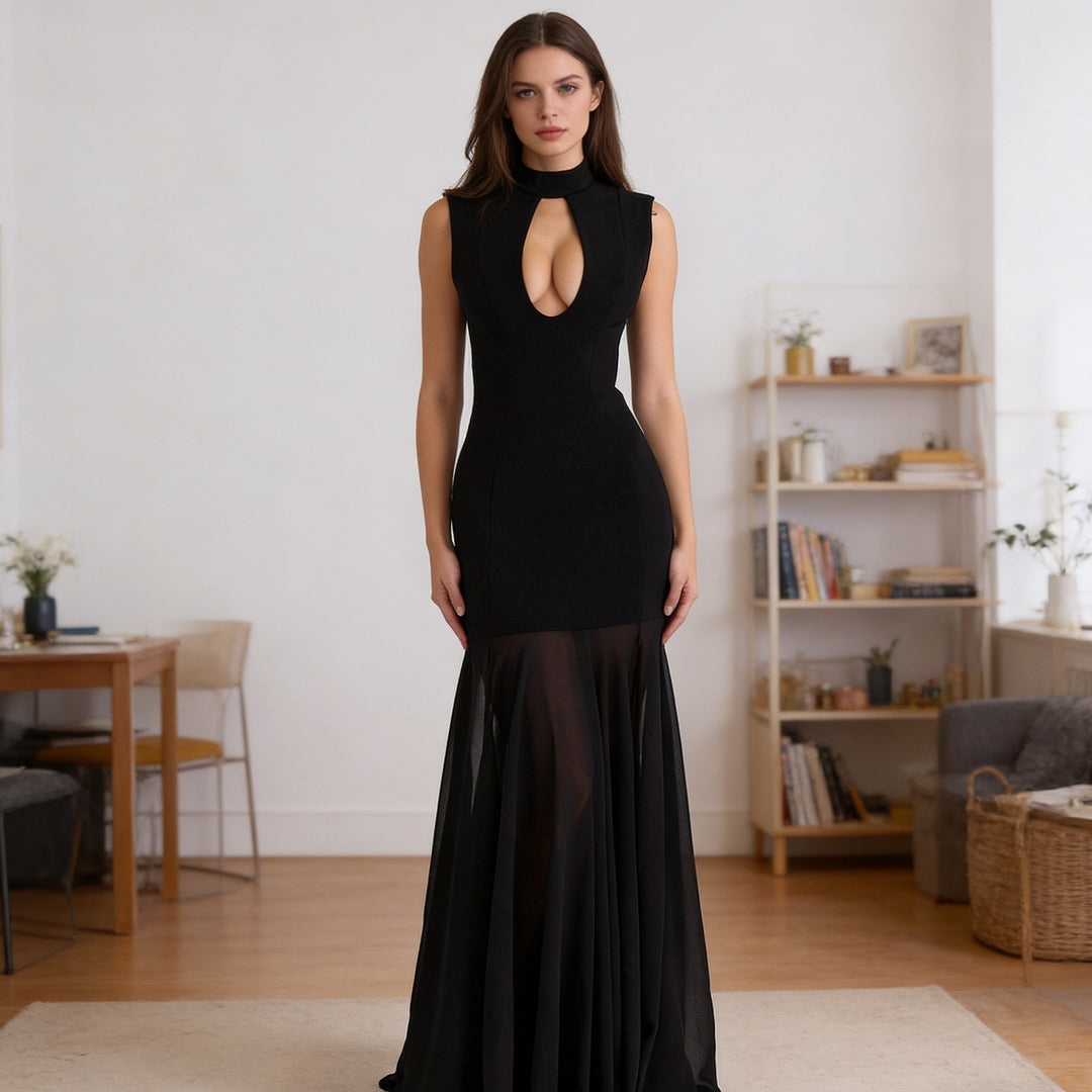 Damen Elegantes Abendkleid mit tiefem V-Ausschnitt und schwingendem Rock R&B