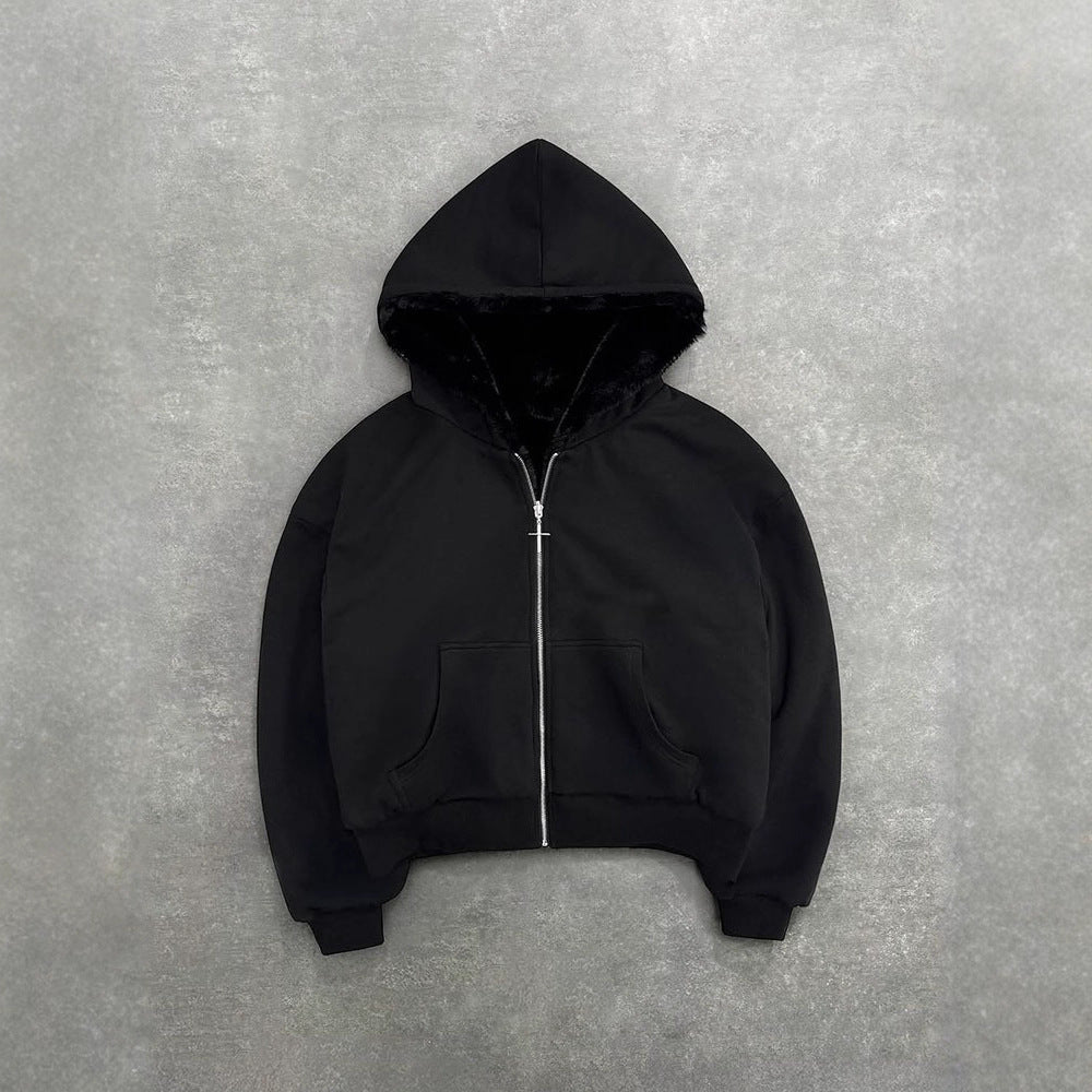 Damen nan kurze Kapuzenjacke mit Kunstfellfutter, Reißverschluss und Kängurutasche R&B