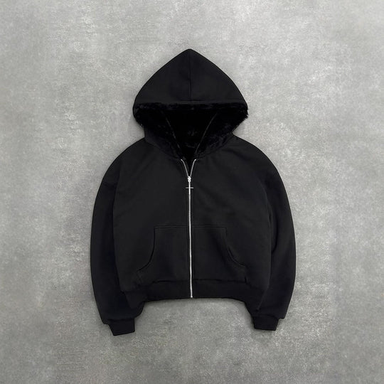 Damen nan kurze Kapuzenjacke mit Kunstfellfutter, Reißverschluss und Kängurutasche R&B