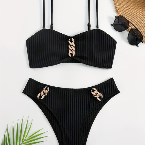 Damen Bikini Set mit elegantem Rüschen-Detail und modischen Kettenakzenten R&B