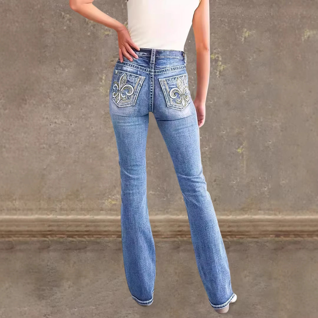 Damen Flared Jeans im Vintage-Stil mit hochgradigem Detail und raffinierten Stickereien R&B