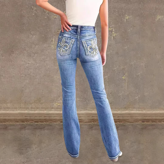 Damen Flared Jeans im Vintage-Stil mit hochgradigem Detail und raffinierten Stickereien R&B