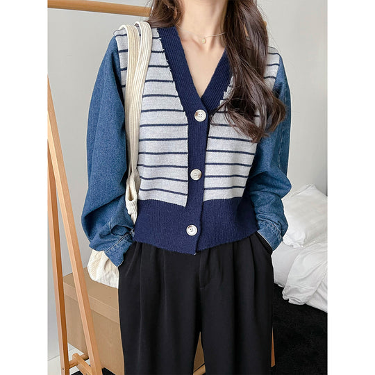 Damen modische Strickjacke mit modernen Streifen-Design und Raglanärmeln R&B