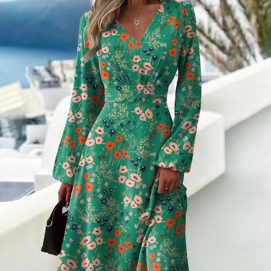 Damen Elegantes langärmliges Kleid mit raffiniertem V-Ausschnitt und floralem Muster R&B