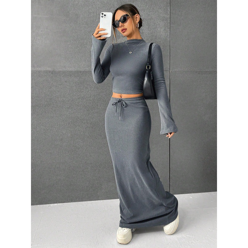 Damen Elegantes und komfortables Crop-Top mit langem Ärmel und Maxi-Rock R&B