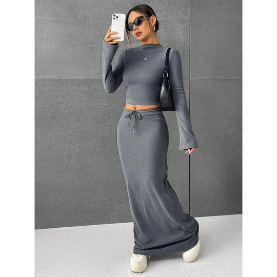Damen Elegantes und komfortables Crop-Top mit langem Ärmel und Maxi-Rock R&B