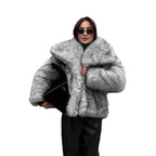 Damen elegante Kunstfelljacke mit voluminösem Kragen und verschließbaren Taschen R&B