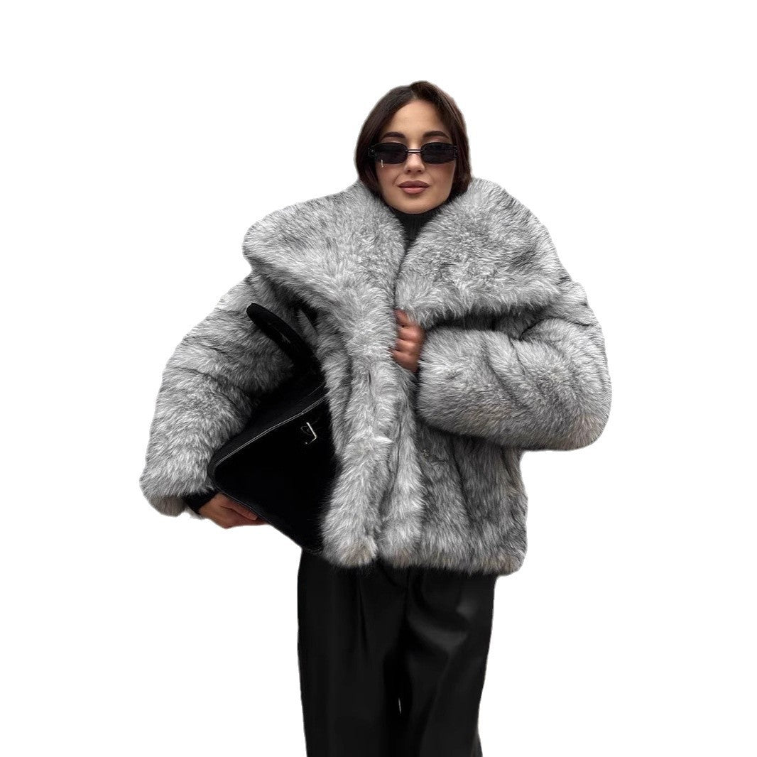 Damen elegante Kunstfelljacke mit voluminösem Kragen und verschließbaren Taschen R&B