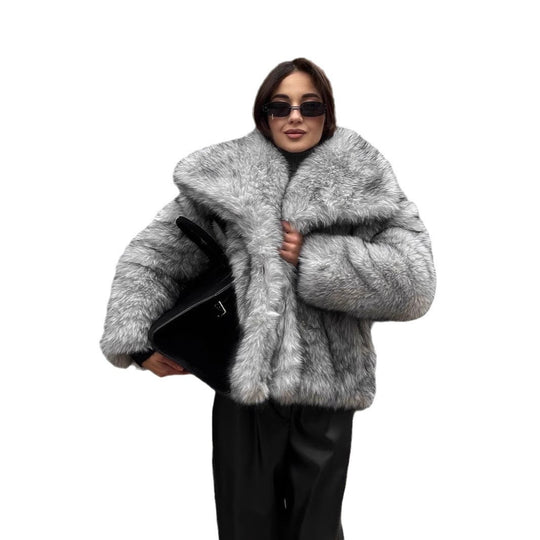 Damen elegante Kunstfelljacke mit voluminösem Kragen und verschließbaren Taschen R&B
