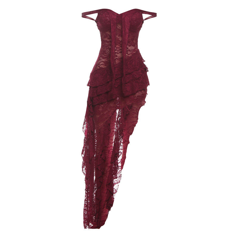 Damen asymmetrisches Spitzenkleid mit Rüschendetails R&B