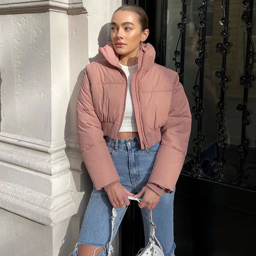 Damen cropped Daunenjacke mit hohem Kragen und elastischem Bund R&B