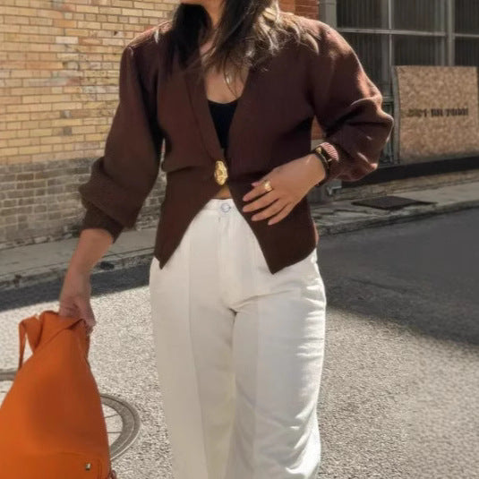 Damen Eleganter und lässiger Cardigan mit tiefem Ausschnitt und Schmuckknopf R&B