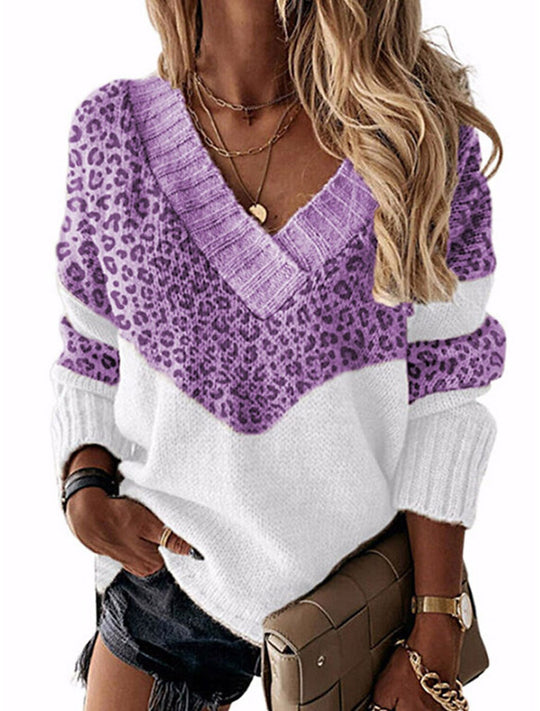 Damen V-Ausschnitt Pullover mit Leopardenmuster R&B