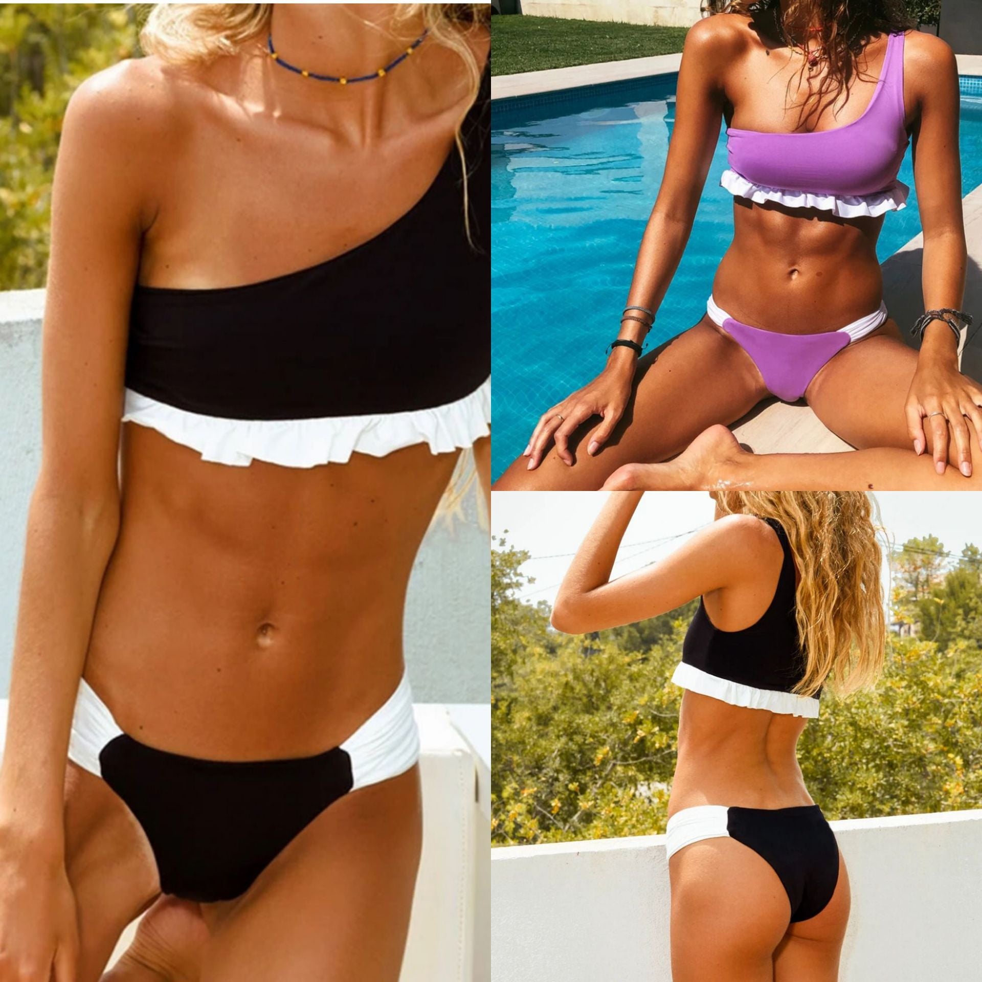 Damen Triangel-Bikini mit asymmetrischem Schnitt und Rüschendetails R&B