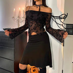 Damen Elegantes Off-Shoulder Oberteil mit floralem Spitzenmuster und ausgestellten Ärmeln R&B